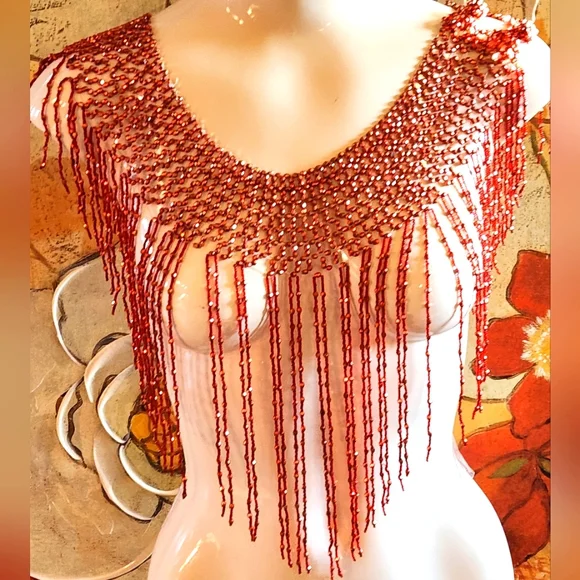 VTG Beaded Rust Sparkle Beaded Sparkly Elegant Shawl Shoulder Fringe Neck Collar - Picture 8 of 11